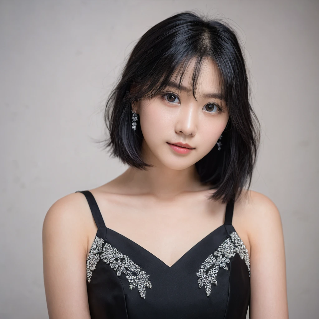 Yui, photo of age 20 year female, black shoulder length hair; (dslr, ultra quality, film grain, Fujifilm XT3, crystal clear, 8K UHD, highly detailed glossy eyes, high detailed skin, skin pores); wear black sexy dress
