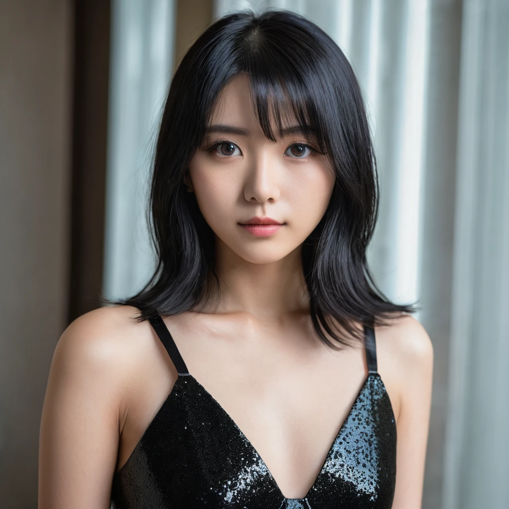 Yui, photo of age 20 year female, black shoulder length hair; (dslr, ultra quality, film grain, Fujifilm XT3, crystal clear, 8K UHD, highly detailed glossy eyes, high detailed skin, skin pores); wear black sexy dress