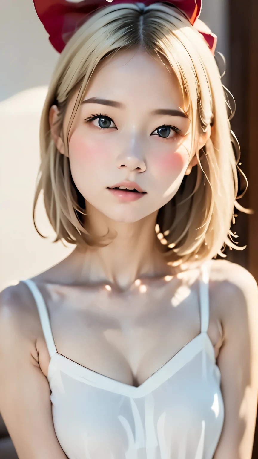 1 person,Beautifully detailed face:1.3、Face close-up:1.6、The whole face fits in the frame:1.6、((She wears a big red bow in her hair like a French doll......:1.6))、 ((Small breasts:1.7、Nipple showing through:1.2))、(A sheer camisole with a loose fit around the chest:1.7), ((I&#39;looking forward to it:1.6))、Pink Eyeshadow:1.6、((Looking into the camera:1.3))、Very beautiful Japanese idol portraits, 
(RAW Photos, Highest quality), (Realistic, Realistic:1.4), (masterpiece), 
Very delicate and beautiful, Very detailed, 2k wallpaper, wonderful, finely, Very detailed CG Unity 8K 壁紙, Very detailed, High resolution, Soft Light, 
Beautiful detailed, Very detailed目と顔, Beautiful and sophisticated nose, Big beautiful eyes, Cinema Lighting, 
(Simple and solid background:1.3),
(Blonde medium hair:1.5), (Parted bangs), 
Complete Anatomy, Slender body,とてもSmall breasts, Sensual look