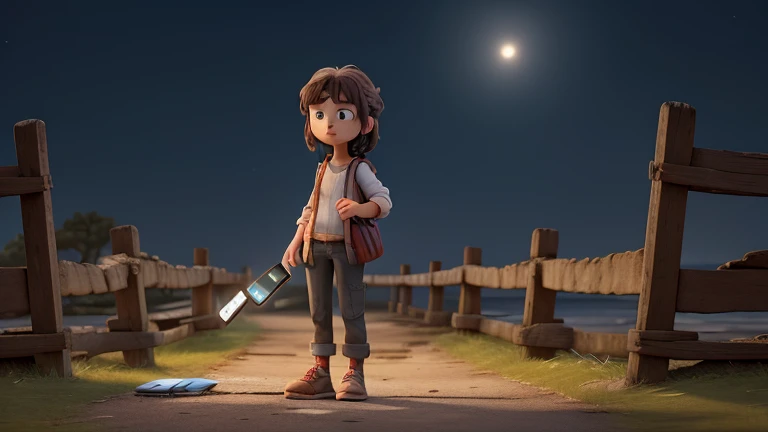 "A serene evening scene where a girl stands on an old, broken bridge. Her face shows confusion and concern as she holds a glowing mobile phone in her hand."
