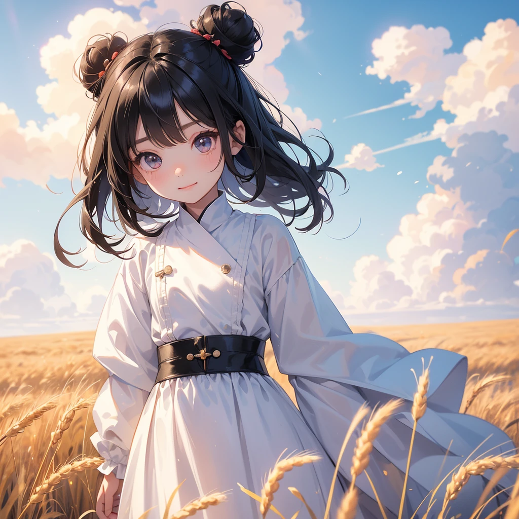 A chibi child girl had a small face and wearing a little tourist priest’s outfit, a pair of big round eyes shone with curiosity about him. This child was so cute, her hair is black with buns on her hair. Small chibi , chibi baby, smiling , chibi.
Standing in the middle of a wheat field, There are some floating clouds.