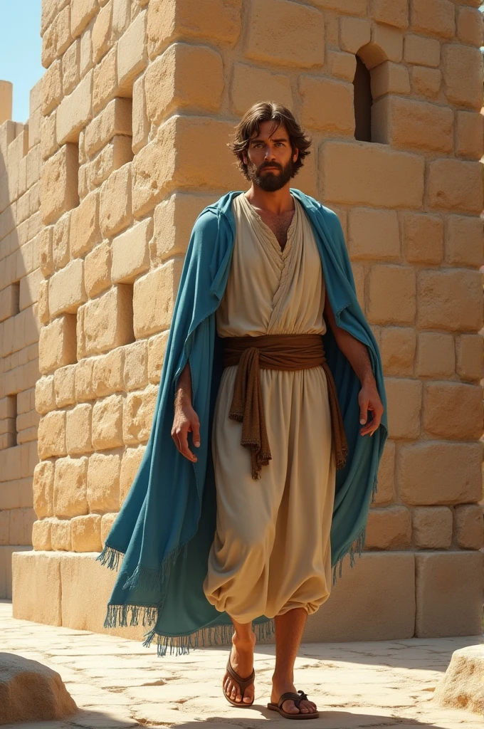A 50-year-old man with fair skin and blue eyes, beard and brown hair, of 1.80 bone-colored tunic dress, short coffee skirt, sandals and sky blue cloak is on the streets of Jerusalem in the 1st century, Walking next to an imposing wall of large ochre-colored stones