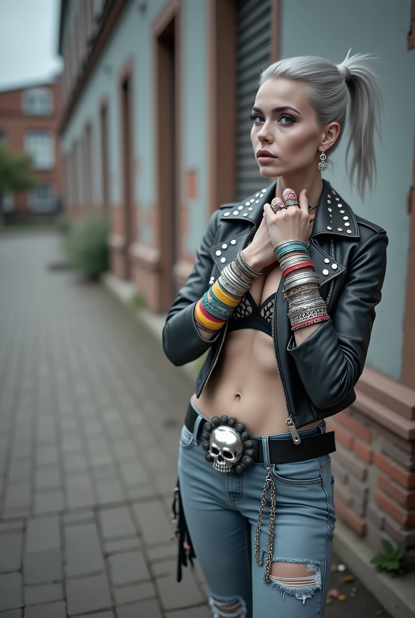 russian milf woman, grey hair (pouf and ponytail), with very light blue eyes, extremely pale. Wearing studded cropped black moto jacket with lots of zippers and pins, black  push up bra with white lining, dark skinny blue jeans and pointy silver Chelsea boots with cuban heels . Lots of colourful thick bracelets, colourful collars and colourful rings. Tacky wide studded leather belt with oversized skull and bones buckle. Long bohemian earrings with feathers. Standing up, humble facial expression. Hands on her neck, showing off bracelets and rings. Chains around belt.. Listening in amazement to somebody speaking to her, toned six pack abdominals, thin neck, slim legs and thin arms. Tattoed heavily.  