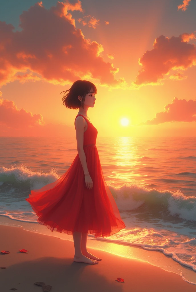 A beautiful asian girl with short brown hair and hazel green eyes, wearing a red dress without any shoes, standing at the shore watching the sunset.