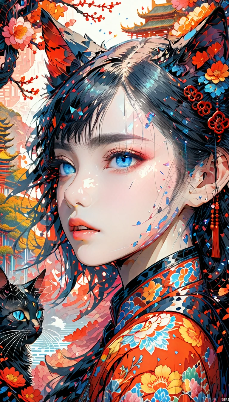 cat ears, China dress, magical world, red mesh on black hair, beautiful detailed eyes, beautiful detailed lips, extremely detailed eyes and face, long eyelashes, soft lighting, fantasy landscape, glowing magic crystals, ethereal atmosphere, intricate details, vibrant colors, (best quality,4k,8k,highres,masterpiece:1.2),ultra-detailed,(realistic,photorealistic,photo-realistic:1.37), surrealism, crushed blacks,
