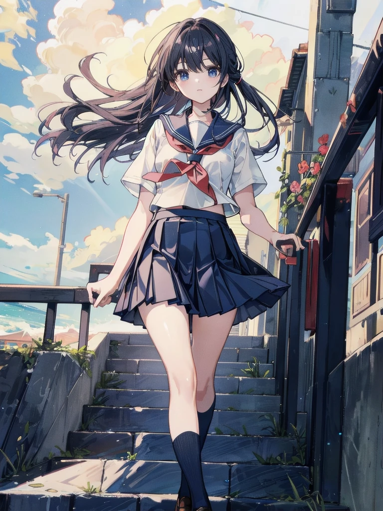 Highest quality, masterpiece, Clearer images, school_uniform, navy blue skirt,