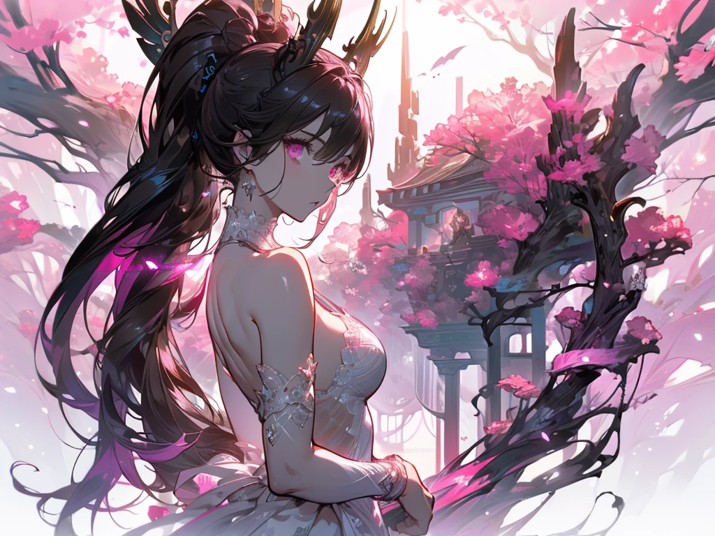 ((masterpiece, best quality)), Epic battlefield atmosphere，Delicate face，Succubus，Halo，whole body，Standing picture，Perfect body proportions，Double ponytail hairstyle，Beautiful pink eyes，Fantasy style，White background，transparent，Pornographic lingerie，Lace，NUDE 