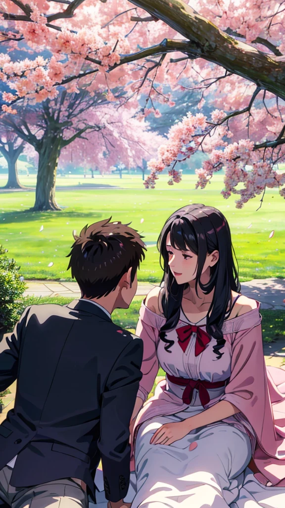 In a grassy park dotted with cherry blossom trees, a boy and girl are lying side by side on a soft blanket. They are looking up at the branches overhead, where cherry blossom petals are raining down like confetti. The boy has his arm around the girl, listening to music together. Their expressions are relaxed and content, enjoying each other's company in the midst of nature's beauty.