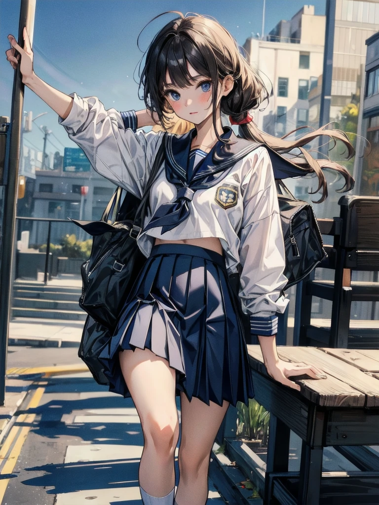 Highest quality, masterpiece, Clearer images, school_uniform, navy blue skirt,