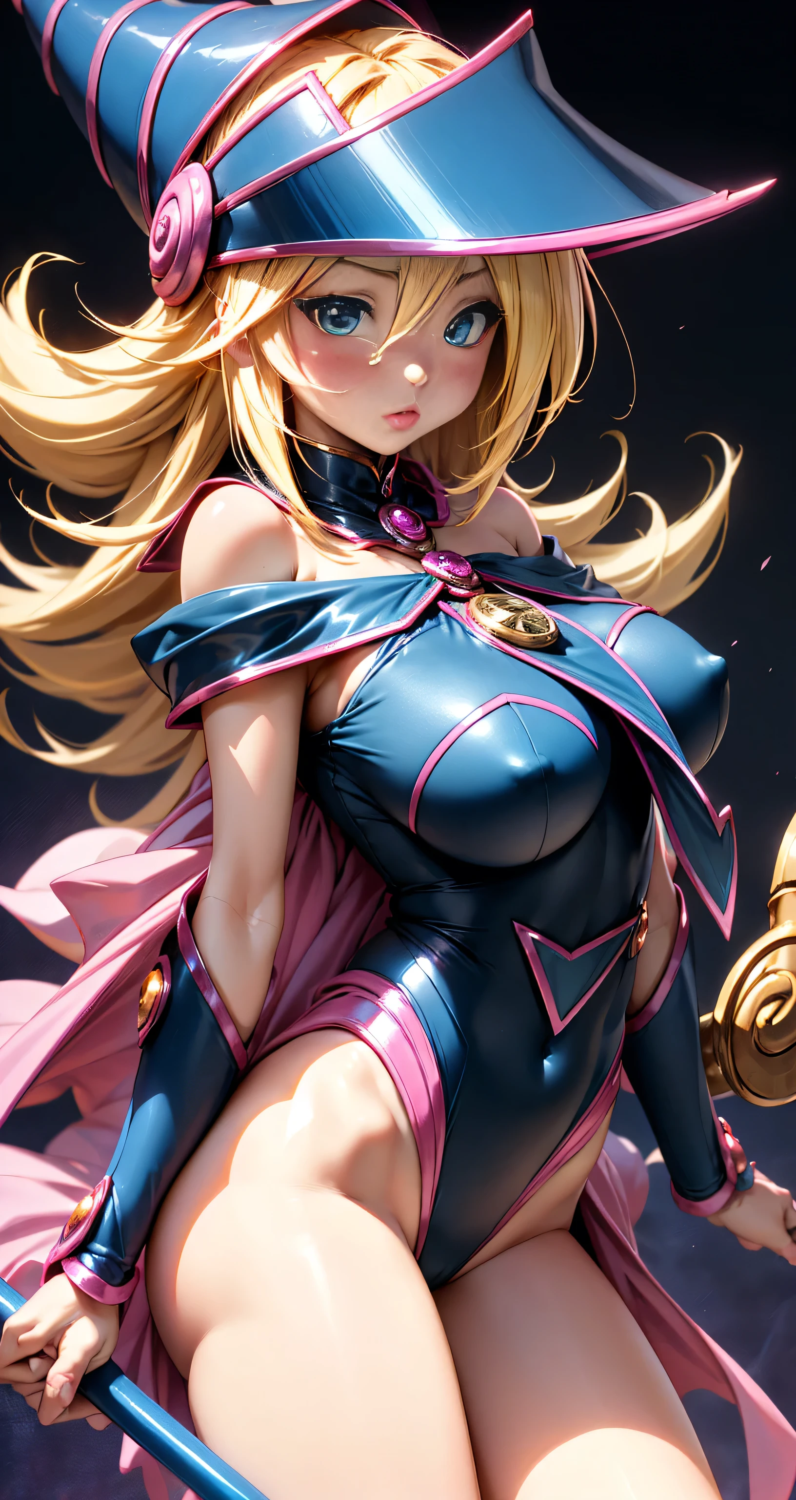 black magician girl、Super thick chest、very blonde hair、magic circle、8k, 4k, Of the highest quality, High resolution: 1.2),flicker、an exposed breast、cute anime face、pink blush on the cheeks.、noise removal、Leotard that bites、have a cane、Keep your stick very close to the.screen