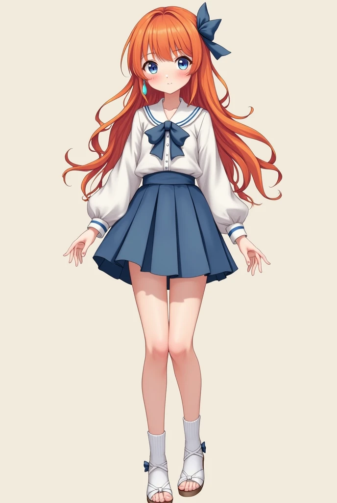 Livia is a girl with a gentle face, orange hair like the color of autumn leaves, slightly wavy to the waist, with bangs covering the left forehead and the right sideburns neatly braided. Tied with a blue ribbon, her big blue eyes make her look even more adorable. In addition, she also wore a pair of lotus-shaped teardrop earrings.
The outfit she usually wears is a white long-sleeved shirt with a blue bow combined with a knee-length pleated skirt of the same color as the bow. In addition, Livia often wears a pair of white socks and a pair of white high-heeled sandals. she is quite tall