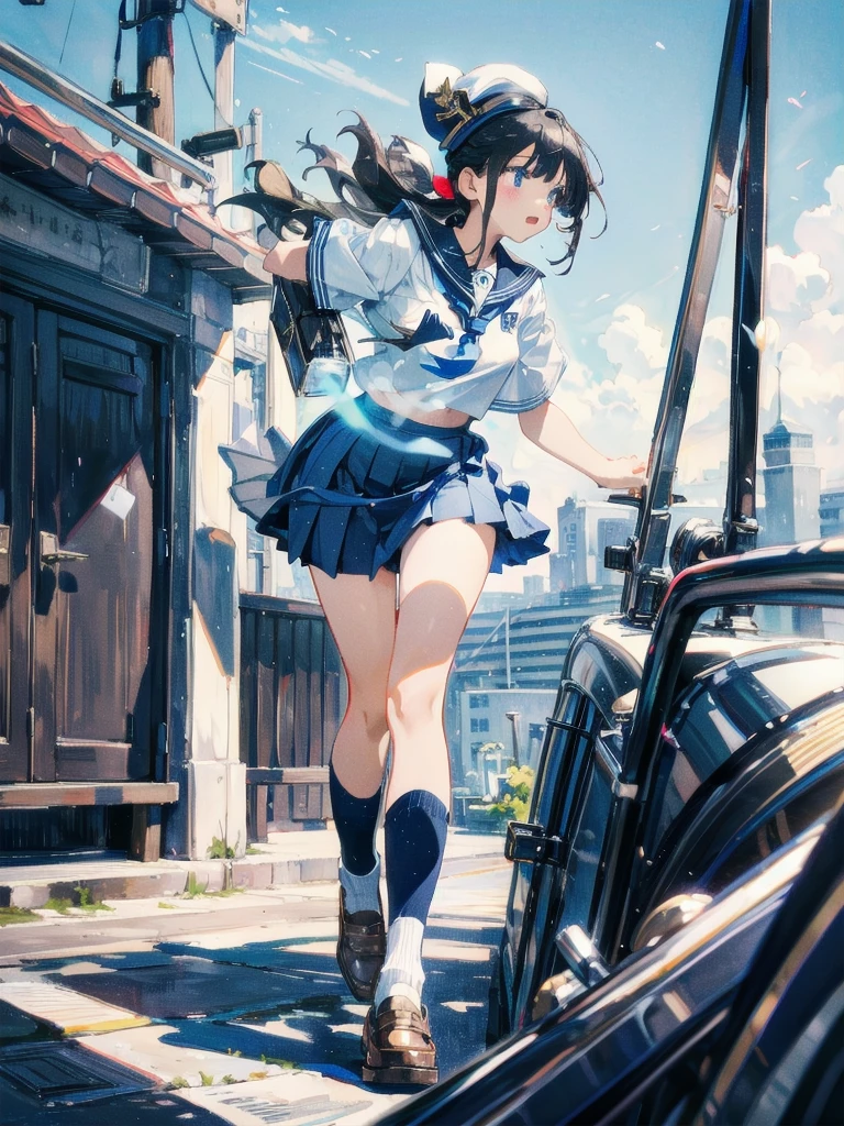 Highest quality, masterpiece, Clearer images, school_uniform, navy blue skirt,