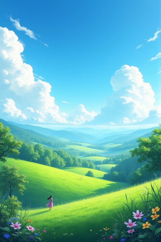 Illustrate a serene peaceful nature scene in summer. This scene inspires peace, awe, and tranquility. Vivid beautiful colors.photorealistic 8k Bright clouds and 1 19:16