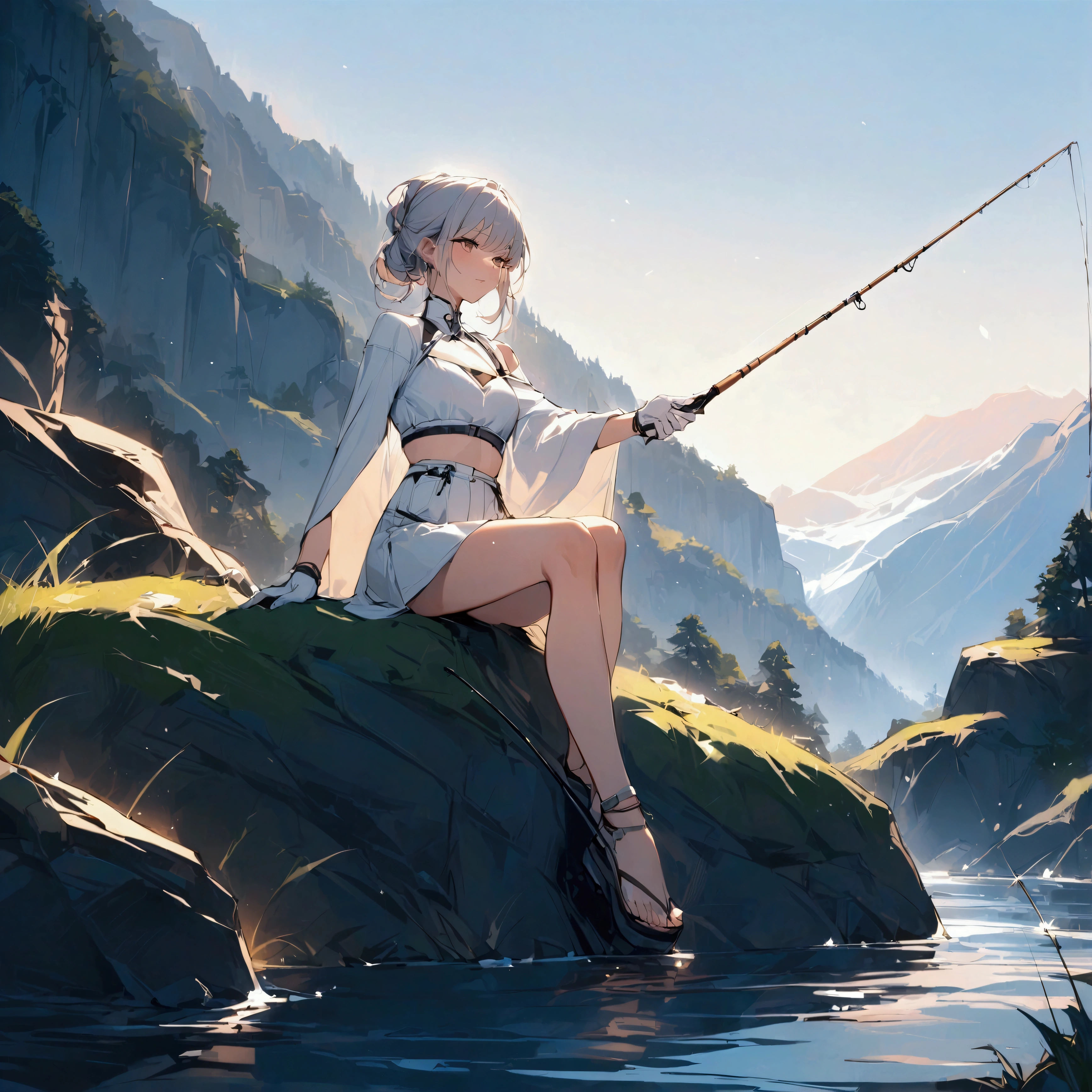 wide angle,{{masterpiece}}, {{{Highest quality}}},{{Very detailed}},Woman sitting on a rock and fishing,A young Chinese-looking female hermit fishing deep in the mountains,White attire, miniskirt,WHITE glove,carefree expression