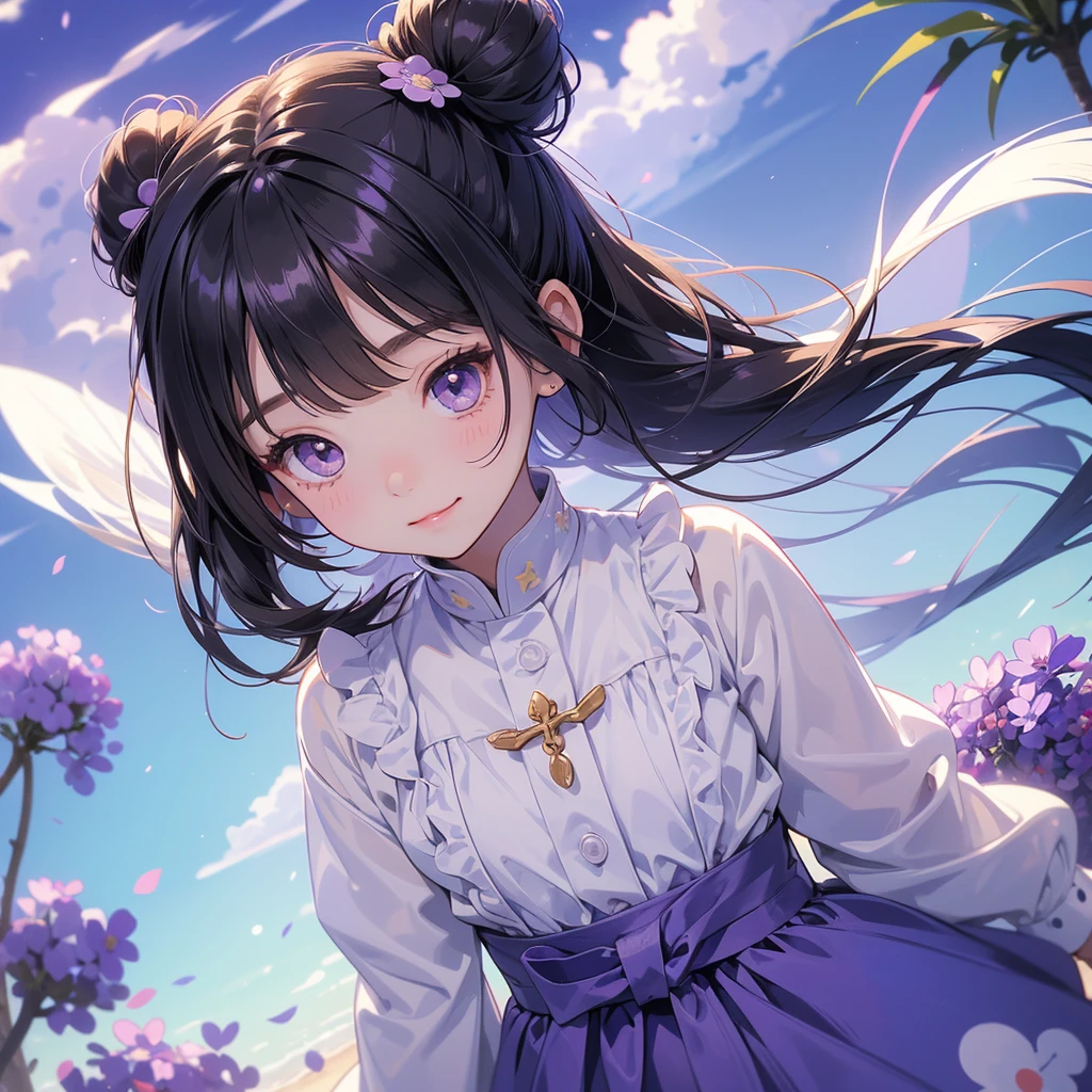 A chibi child girl had a small face and wearing a little tourist priest’s outfit, a pair of big round eyes shone with curiosity about him. This child was so cute, her hair is black with buns on her hair. Small chibi , chibi baby, smiling , chibi. 

Stroll among the purple lavender fields , There are some floating clouds.