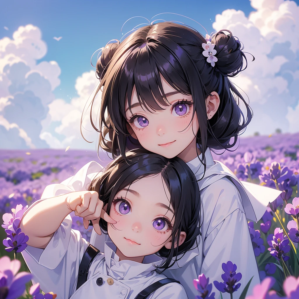 A chibi child girl had a small face and wearing a little tourist priest’s outfit, a pair of big round eyes shone with curiosity about him. This child was so cute, her hair is black with buns on her hair. Small chibi , chibi baby, smiling , chibi. 

Stroll among the purple lavender fields , There are some floating clouds.