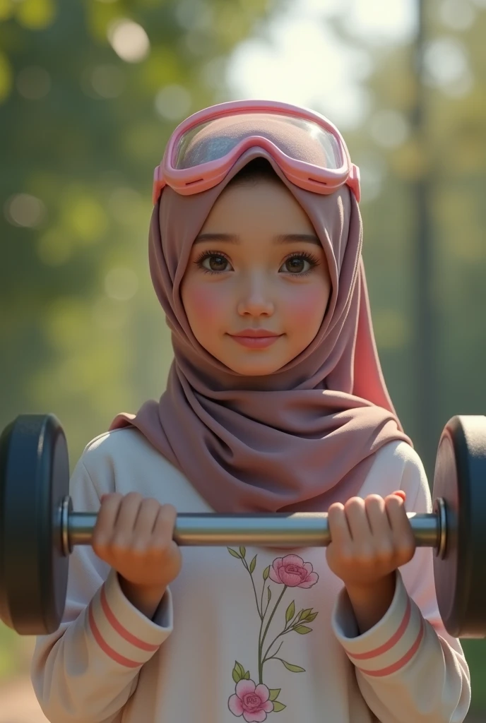 a realistic masterpiece. Human . 1girl wearing a hijab, detailed beautiful face, Hijab Muslim. Wear long sleeve moder design white pink stripe white, minimalist flower on shirt. . Wear pink white.small Safety Pink google spectacle top of the head rubber band. Age 15 year old. Jump on and have a super strong power. One hand lifting the 50kg dumbbell. Bokeh background. At the garden. , detailed lips, long eyelashes. Hero, modest expression, delicate facial features, natural skin tones, hijab covering head and neck, detailed folds and textures of hijab, natural lighting, high quality, photorealistic, 8k, best quality.