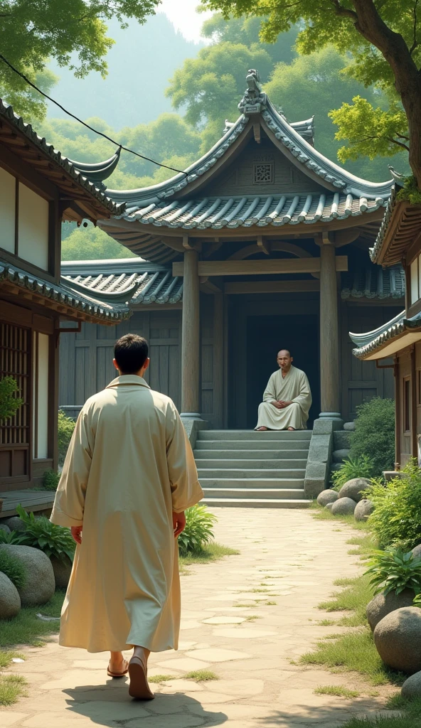 The Man's Visit to the Monk
Visual: The man walking through the village and arriving at a serene temple where a wise monk sits peacefully.
The man has black hairs and is clean-shaved and he is wearing a very simple off-white colour cloth.