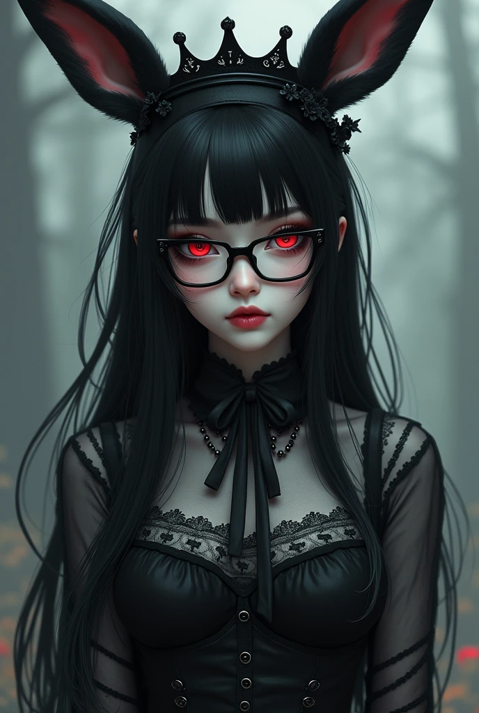 A girl with skin as fair as snow, long black hair, vibrant red eye, with black desk glasses, a gothic crown hat on his head, with black bunny ears, with a blouse with lace details on it, a black skirt mine, with checkered tights and black gothic boots