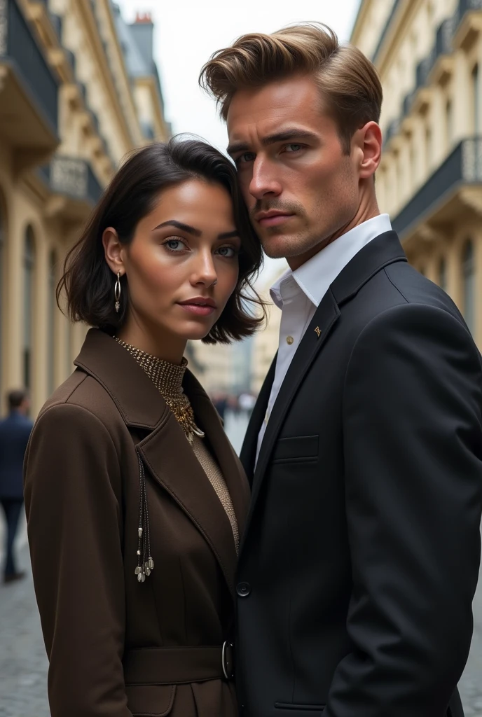 Ola chat. I would like you to create an image of a 27 year old short hair woman, descendant of indigenous, Although, She has fine and very feminine features. She's high, has 170cm, thin but with a slightly defined body. This woman currently lives in Paris . She is dating a Frenchman/Italian high 180cm, your hair color is light brown, green eyes and white skin. It's muscular, and has well-defined masculine features. He is a lawyer and also very rich..