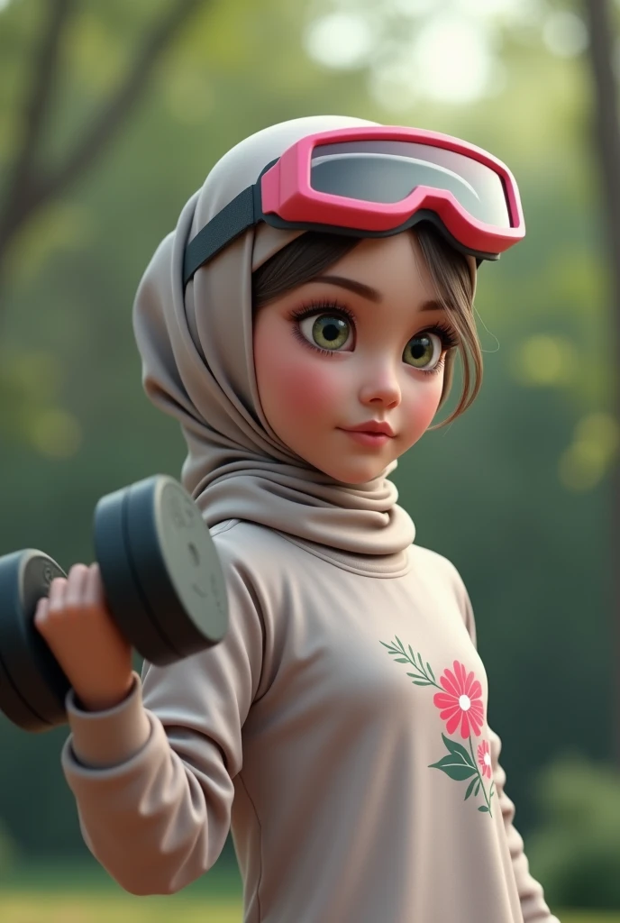 a realistic masterpiece. Human . 1girl wearing a hijab, detailed beautiful face, Hijab Muslim. Wear long sleeve moder design white pink stripe white, minimalist flower on shirt. . Wear pink white.small Safety Pink google spectacle top of the head rubber band. Age 15 year old. Jump on and have a super strong power. One hand lifting the 50kg dumbbell. Bokeh background. At the garden. , detailed lips, long eyelashes. Hero, modest expression, delicate facial features, natural skin tones, hijab covering head and neck, detailed folds and textures of hijab, natural lighting, high quality, photorealistic, 8k, best quality.