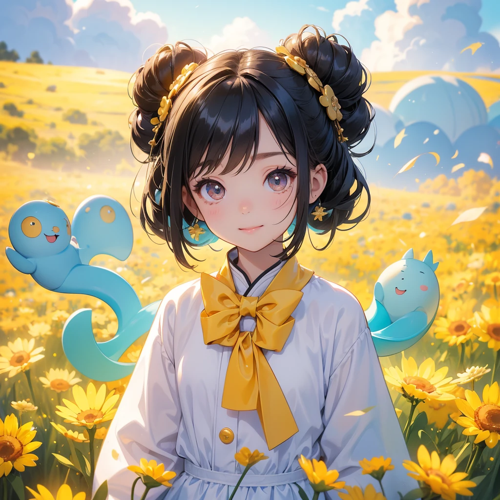 A chibi child girl had a small face and wearing a little tourist priest’s outfit, a pair of big round eyes shone with curiosity about him. This child was so cute, her hair is black with buns on her hair. Small chibi , chibi baby, smiling , chibi.
Standing in the midst of a field of bright yellow gold fields, There are some floating clouds.