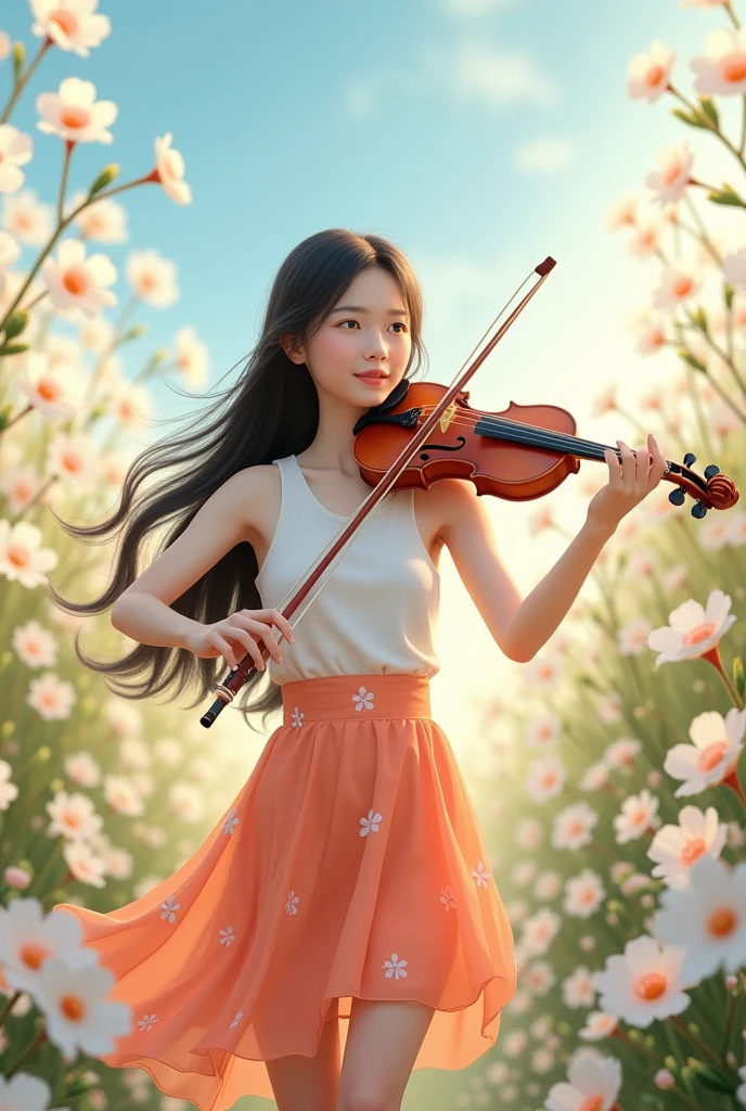 full lenght hiper 2k like a scene from a movie, in the middle of a small field of white and pink flowers, a beautiful, sweet, and gentle young woman of 20 years old, wearing a white sleeveless dress, a short orange skirt, small pink flower patterns, long black hair, standing and playing the violin in the midst of a beautiful atmosphere. Oil painting, 3D painting, art of Professor Chalermchai Saengruangrong, with film-quality clarity.