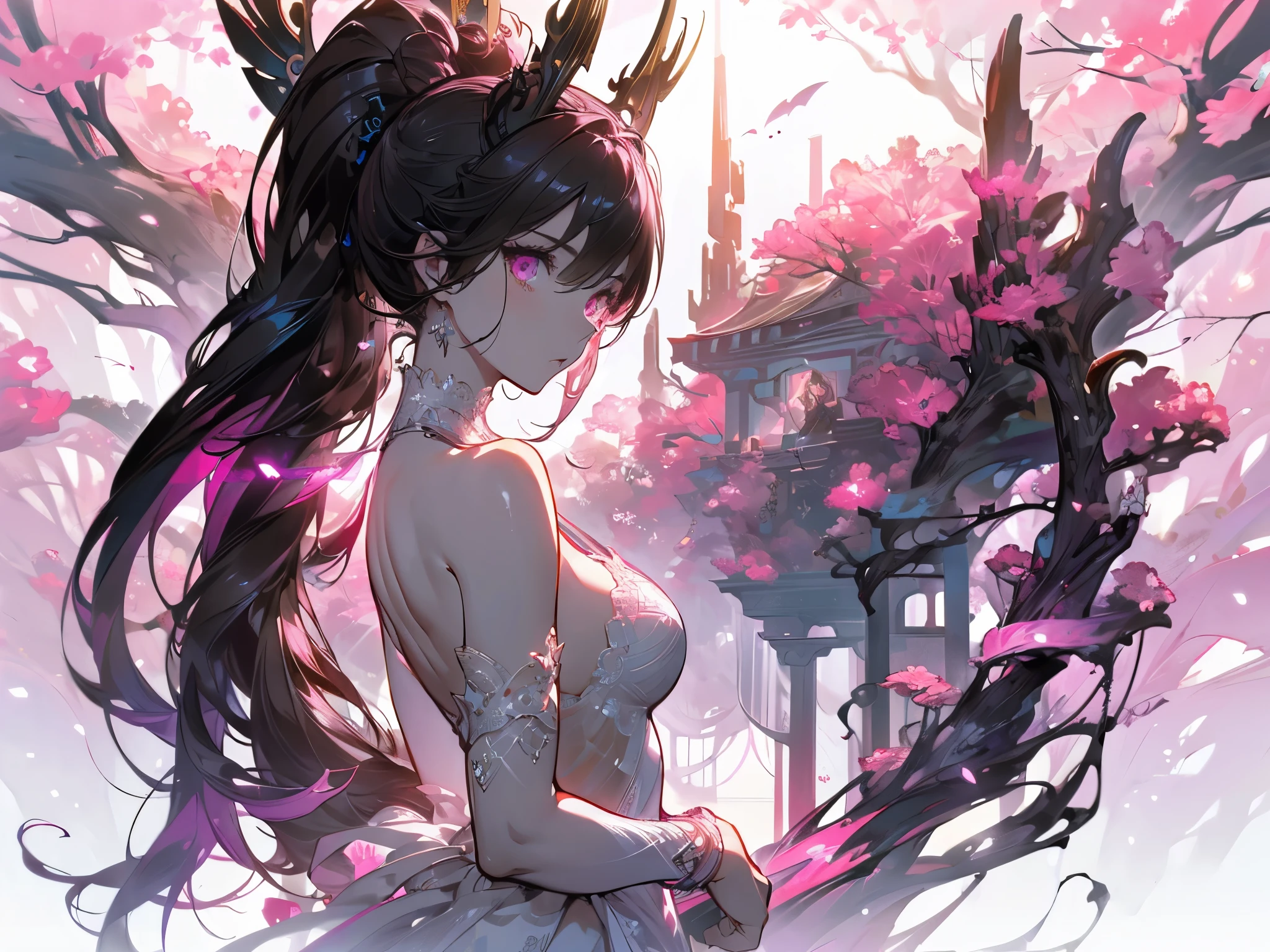 ((masterpiece, best quality)), Epic battlefield atmosphere,Delicate face,Succubus,Halo,whole body,Standing picture,Perfect body proportions,Double ponytail hairstyle,Beautiful pink eyes,Fantasy style,White background,transparent,Pornographic lingerie,Lace,NUDE