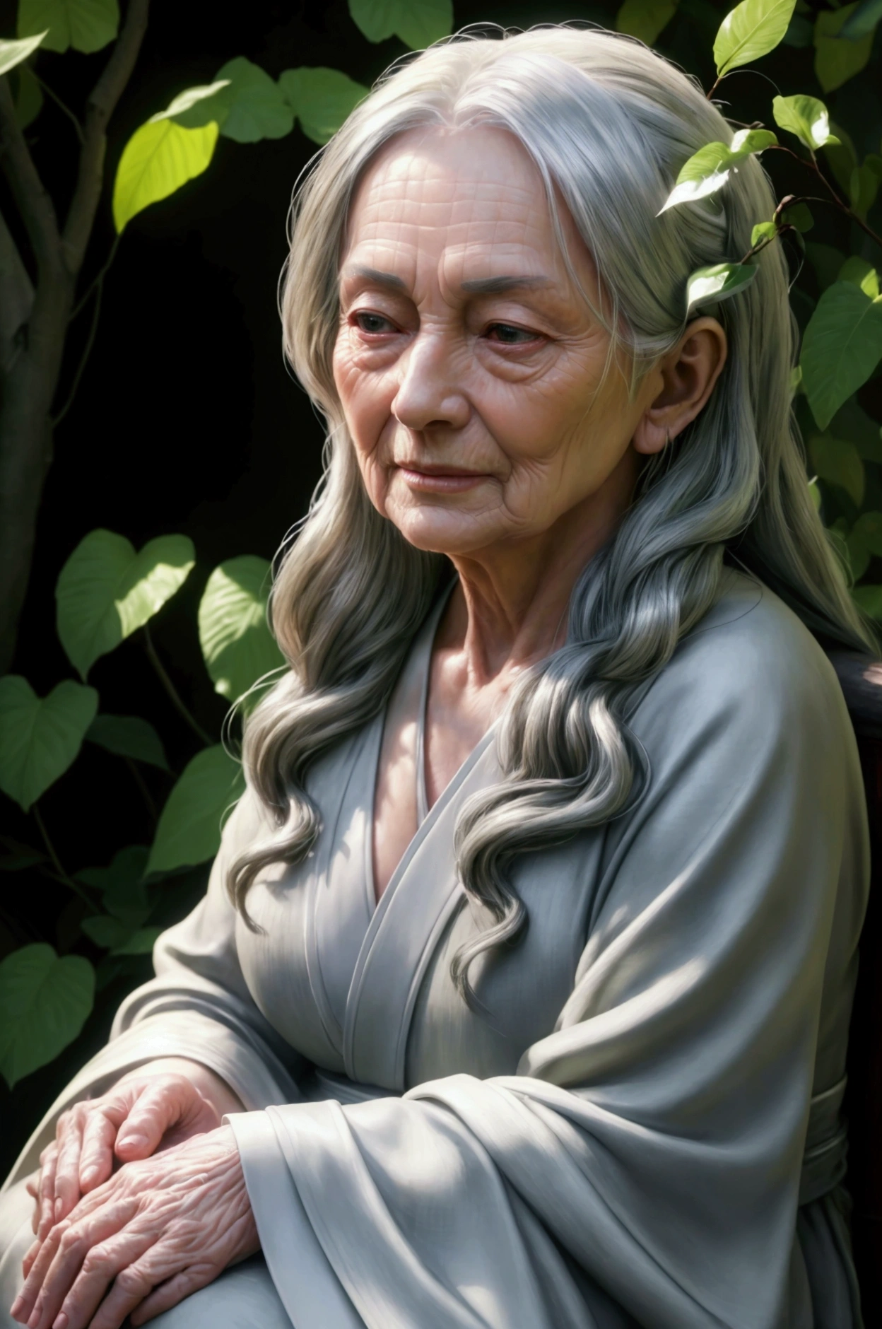 a wise old woman, long silver hair, serene expression, deep wrinkles, warm smile, kind eyes, flowing robe, sitting in a tranquil garden, surrounded by lush greenery, sunlight filtering through the leaves, glowing aura, ethereal, (best quality,4k,8k,highres,masterpiece:1.2),ultra-detailed,(realistic,photorealistic,photo-realistic:1.37),portrait,dramatic lighting,vibrant colors,serene atmosphere