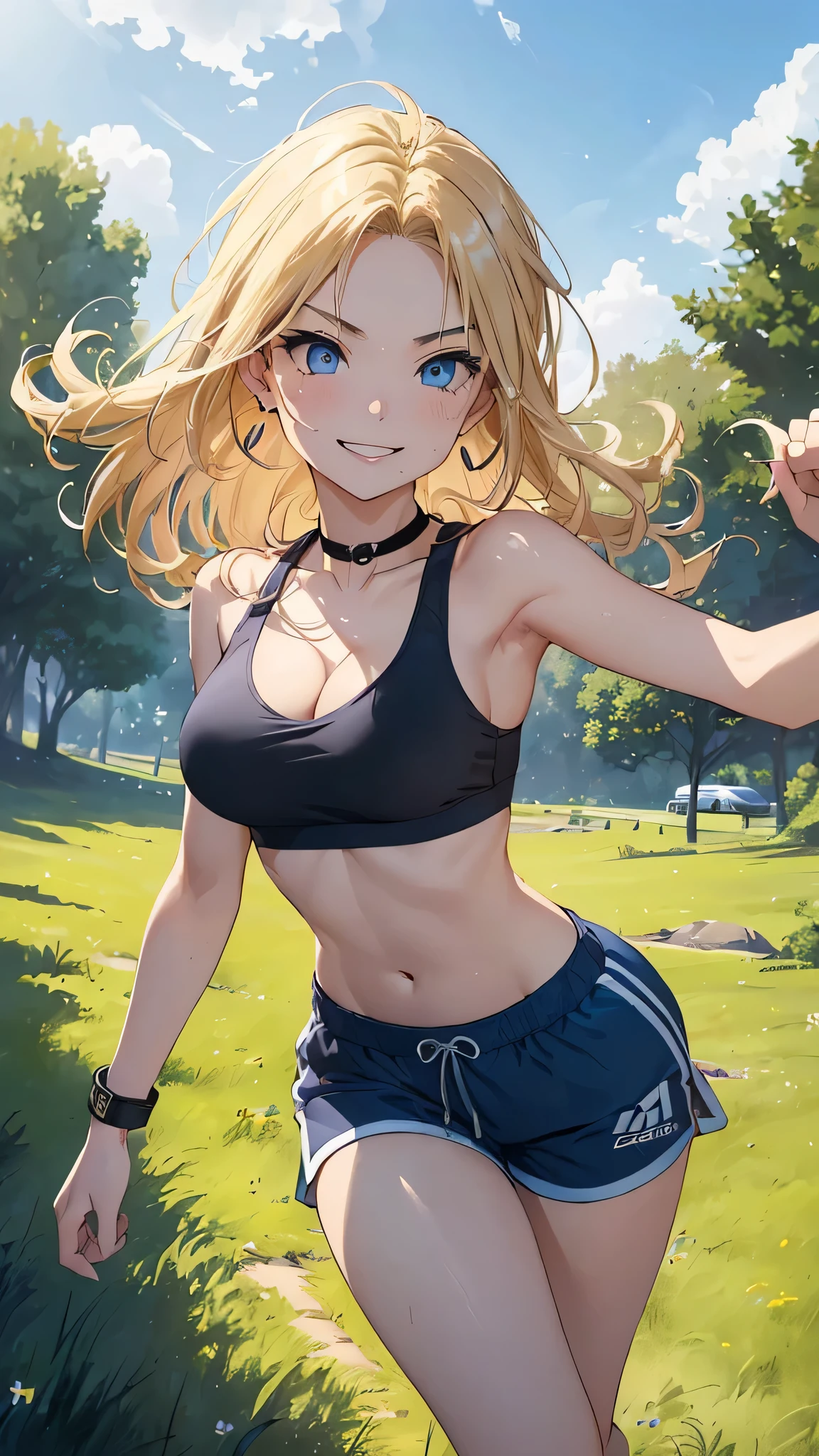 最high quality、Best image quality、masterpiece、woman((18-year-old、Sportswear、Black sports bra、Blue shorts、Best Bust、Bust 85、Blonde、Long Hair、blue eyes、Open your chest wide、valley、happiness、Black wristband on wrist、Slender、smile、耳Nipple Ring、running、The wind is blowing、sweating、Hunchback)）high quality、Visual Arts、background((grassland、Grass path))、Tabletop、