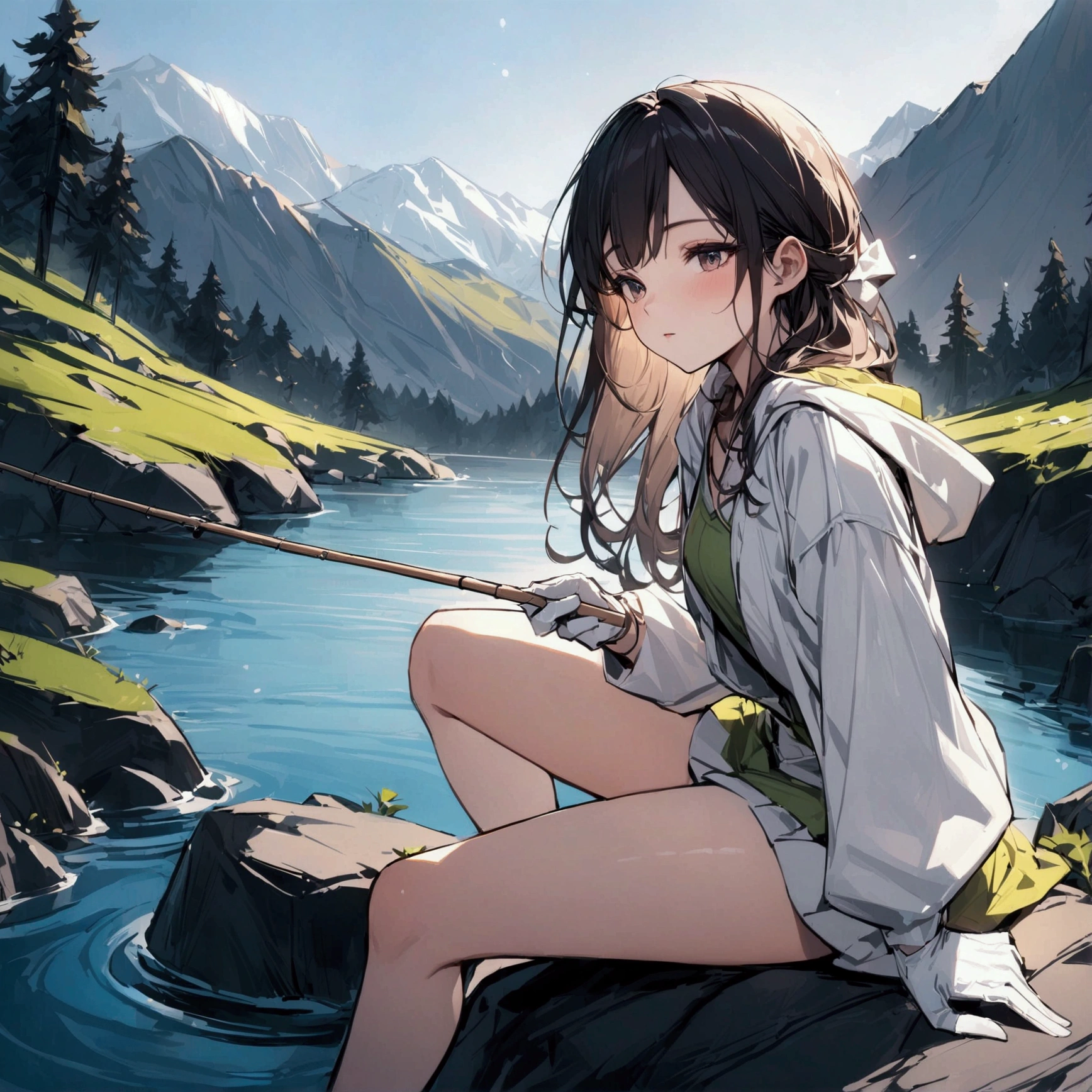 wide angle,{{masterpiece}}, {{{Highest quality}}},{{Very detailed}},Woman sitting on a rock and fishing,A young Chinese-looking female hermit fishing deep in the mountains,White attire, miniskirt,WHITE glove,carefree expression