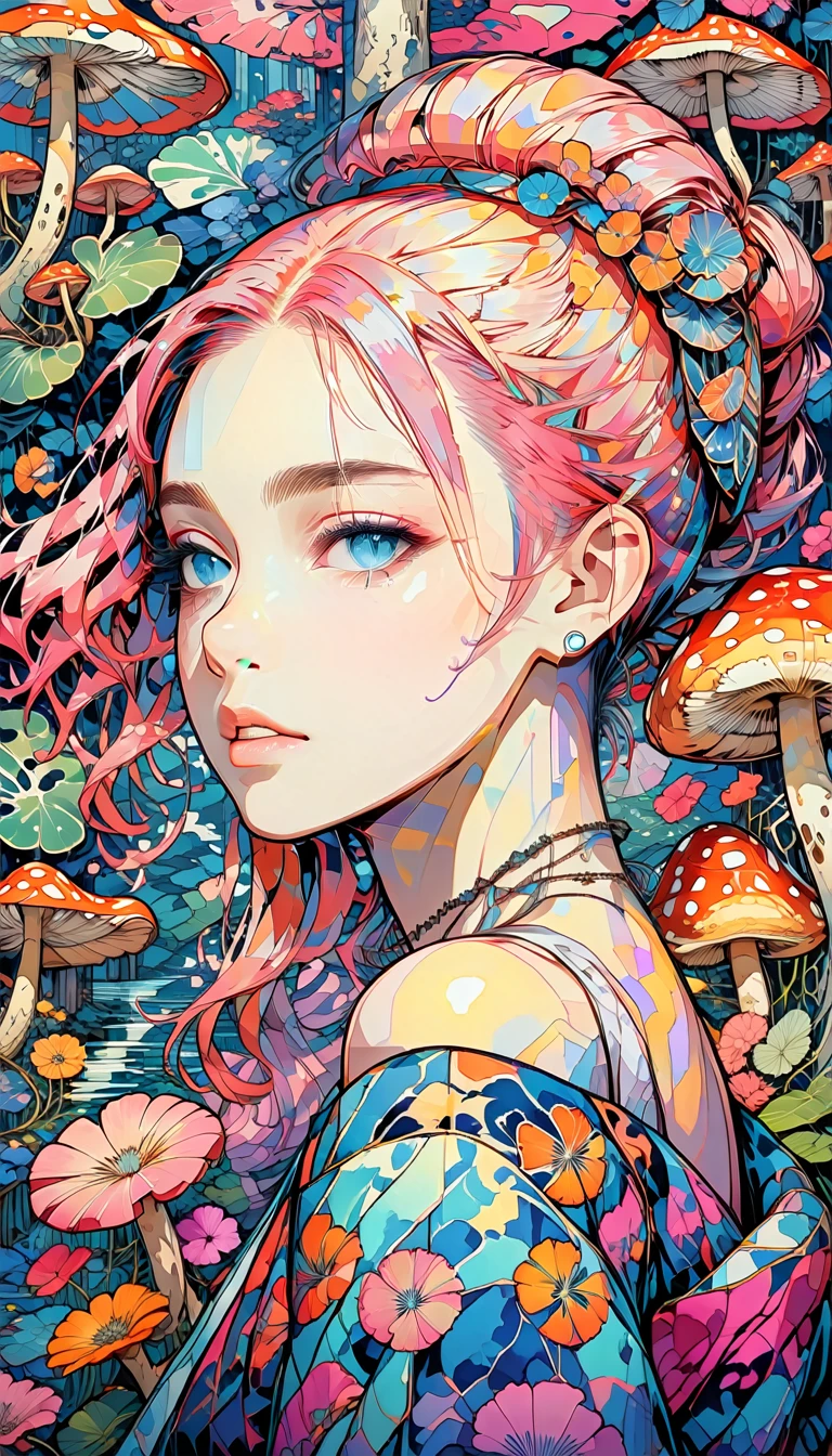 1girl,beautiful 18 year old girl,pink hair in a bun,bare shoulders,sitting on a giant mushroom,elegant,chic,modern,fashionable,muted colors,soft lighting,art nouveau,psychedelic anime style,colorful,trippy,(best quality,4k,8k,highres,masterpiece:1.2),ultra-detailed,(realistic,photorealistic,photo-realistic:1.37),HDR,UHD,studio lighting,ultra-fine painting,sharp focus,physically-based rendering,extreme detail description,professional,vivid colors,bokeh
