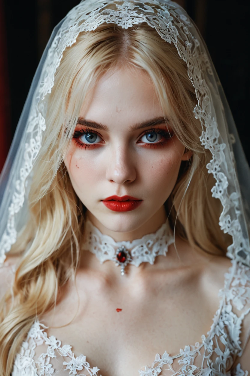 vampire bride,film photography aesthetic,the delicate texture of lace veil gently obscuring her face,long blonde hair,looking at viewer,eye eye contact,sapphire red eyes,choker,devil smile,dynamic composition,skin texture,from above,close-up,sharp focus,horror \(theme\),dutch angle,