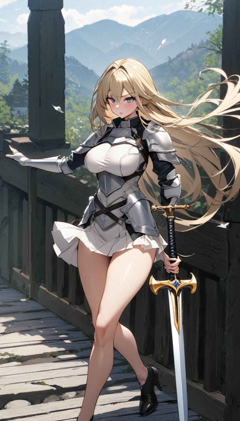 Ultra-high definition image quality、beautiful girl、Female Swordsman、Light Armor、Griepputz、Long Hair、blonde、20-year-old、Be confident々face、Very short tight skirt、Sexy posture、Cowgirl、wilderness、Highest quality,Big Ass、Big Breasts、Thighs、Grasping the hilt of the holy sword Excalibur、pure white, Exquisitely decorated panties、Take a big stride and kick your feet out to jump、Joan of Arc style clothing、Wind King Barrier、Her hair is blowing in the wind、The Sword of Promised Victory、god々I&#39;m wearing a new aura、Big Ass、Valkyrie the War Maiden、Crotch close-up、Angle from directly below