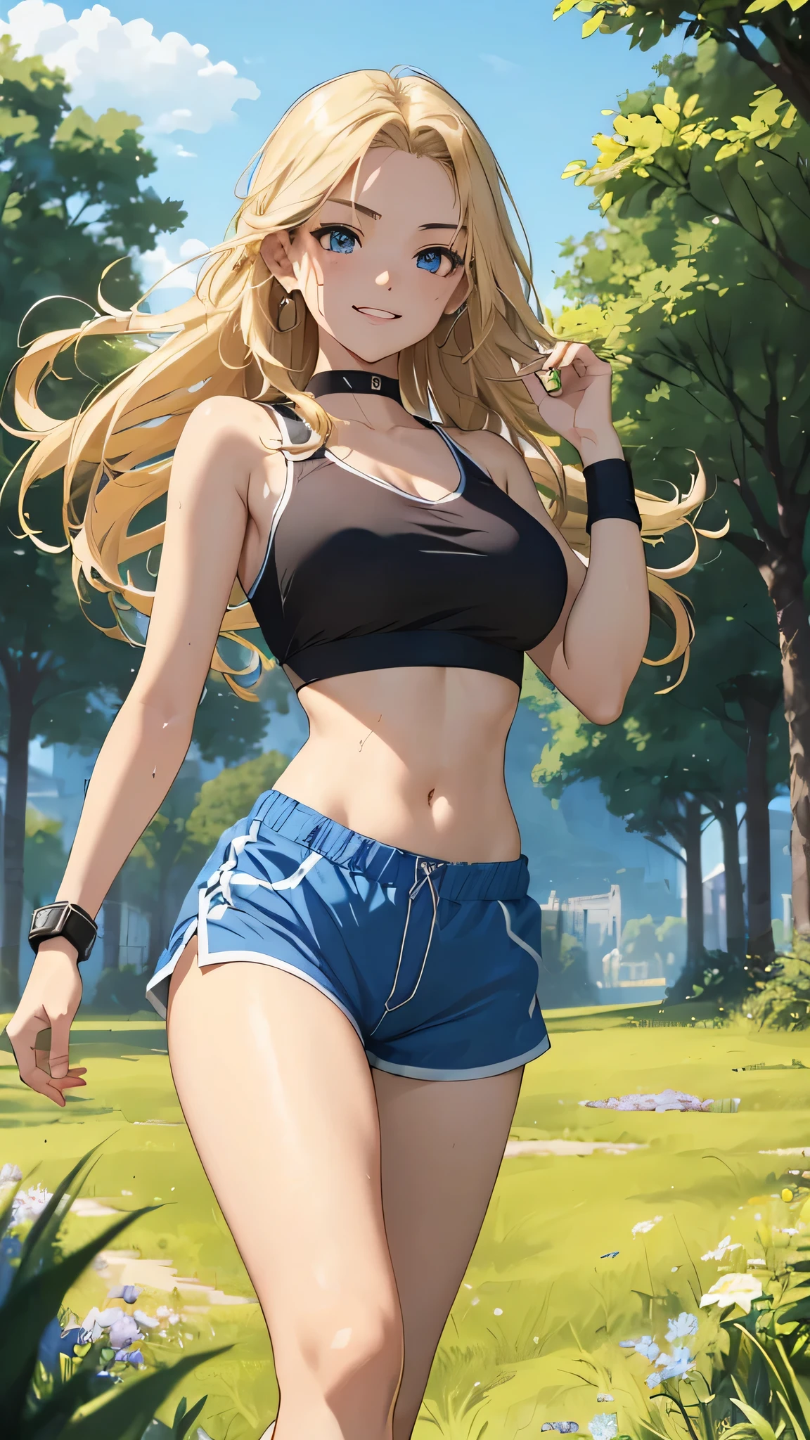 最high quality、Best image quality、masterpiece、woman((18-year-old、Sportswear、Black sports bra、Blue shorts、Best Bust、Bust 85、Blonde、Long Hair、blue eyes、Open your chest wide、valley、happiness、Black wristband on wrist、Slender、smile、耳Nipple Ring、running、The wind is blowing、sweating、Hunchback))high quality、Visual Arts、background((grassland、Grass path))、Tabletop、