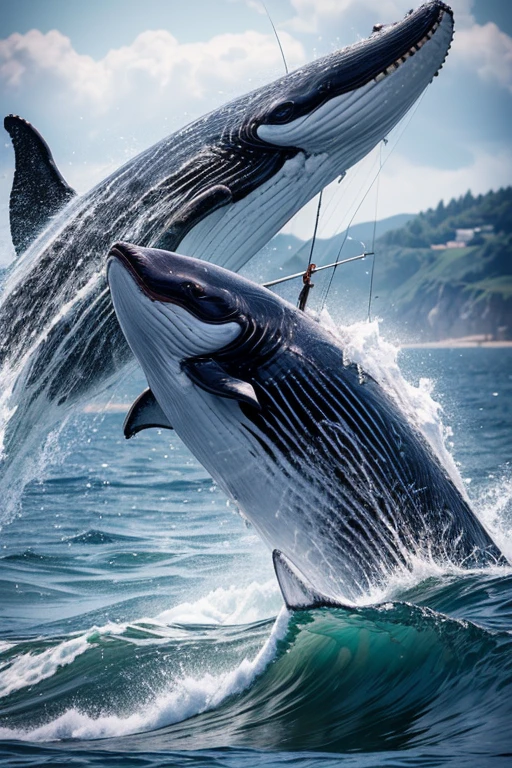 Fishing for whales, ((dynamic angle)), (perfect anatomy), (masterpiece, Highest quality, 4K), (Very delicate and detailed), (Official Art), (Ultra high definition), (A perfect storm of high tides and high waves on the Pacific Ocean)Whale fishing, (Chaos at sea), man tries to desperately fishes, The illustration is vibrant and captures the essence of anime realism, with careful attention to detail in the fisherman's attire, expression, and the surrounding environment, photo-realistic:1.37, (best quality,4k,8k,highres,masterpiece:1.2),ultra-detailed,HDR,vivid colors,studio lighting,extreme detail description