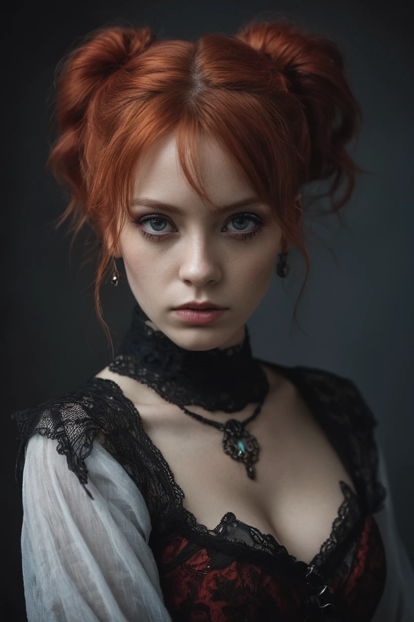 masterpiece,best quality,1girl,solo,(natural skin texture, realistic eye and face details:1.5),(dark:1.4),deep shadow,darkness,moonlight,award winning photo,extremely detailed,amazing,fine detail,absurdres,highly detailed woman,extremely detailed eyes and face,piercing red eyes,detailed clothes,skinny,(gothic),twintails,bangs,frills,skirt,red hair,by lee jeffries,nikon d850 film,stock photograph,kodak,portra 400 camera f1.6 lens,rich colors,hyper realistic,lifelike texture,dramatic,lighting,unrealengine,trending on artstation,cinestill 800 tungsten,Style-Neeko,(facial clarity:1.5),(transparent clothes:1.1),anatomical,gothic style,black lace,half classicism half surrealism aristocratic lady,mystery style tattoo,fantasy