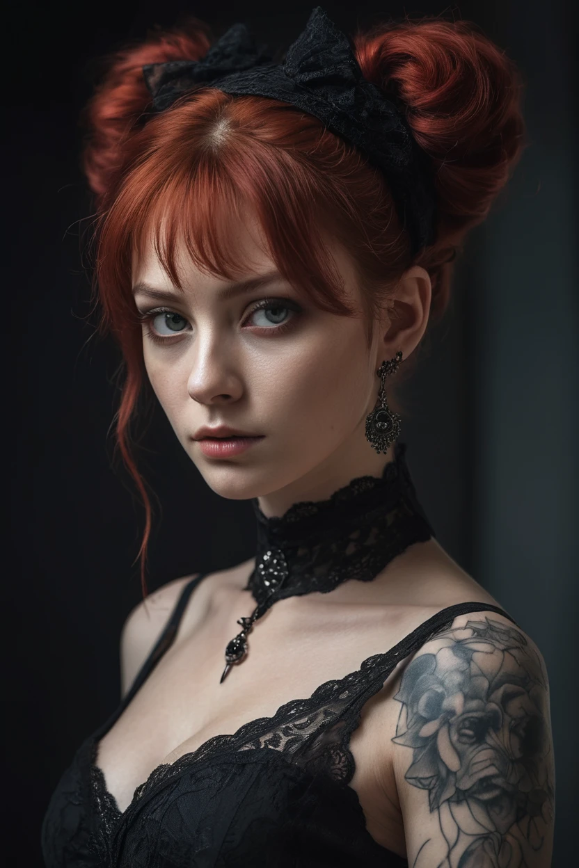 masterpiece,best quality,1girl,solo,(natural skin texture, realistic eye and face details:1.5),(dark:1.4),deep shadow,darkness,moonlight,award winning photo,extremely detailed,amazing,fine detail,absurdres,highly detailed woman,extremely detailed eyes and face,piercing red eyes,detailed clothes,skinny,(gothic),twintails,bangs,frills,skirt,red hair,by lee jeffries,nikon d850 film,stock photograph,kodak,portra 400 camera f1.6 lens,rich colors,hyper realistic,lifelike texture,dramatic,lighting,unrealengine,trending on artstation,cinestill 800 tungsten,Style-Neeko,(facial clarity:1.5),(transparent clothes:1.1),anatomical,gothic style,black lace,half classicism half surrealism aristocratic lady,mystery style tattoo,fantasy