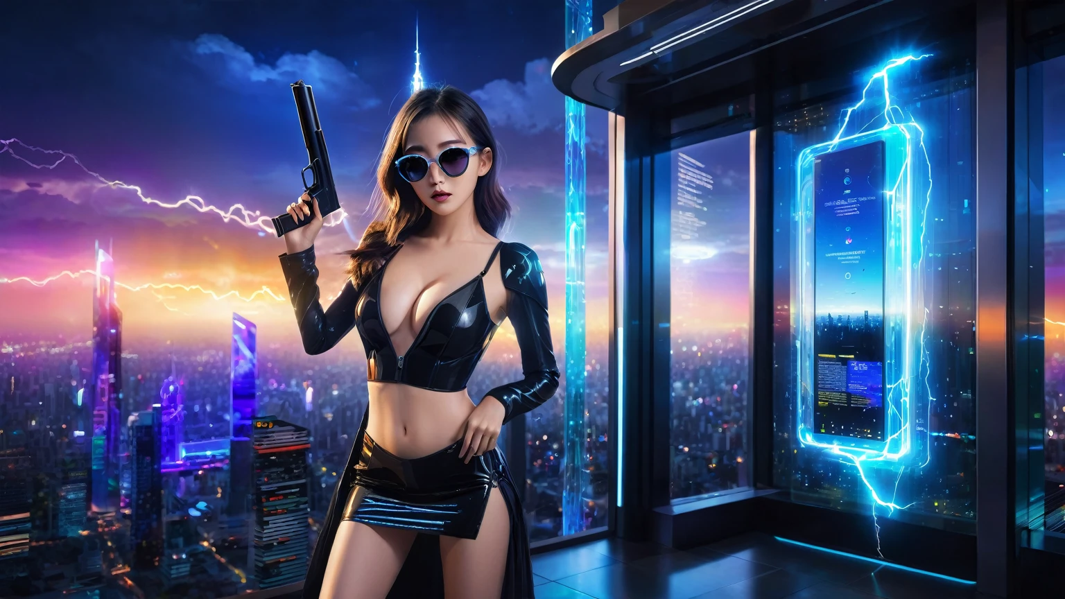 Futuristic cityscapes with colorful all-glass towering skyscrapers, flying vehicle, (futuristic sparkling teleporter with lightning). High-resolution OLED GUI interfaces in the building, The windows are filled with  data visualization infographics that show it all, from weather patterns to traffic flow. Colors are saturated and vibrant. At night, (1girl, solo), photo realistic, medium-breast:1.3 slim body, slim face, deep-v cleavage, high-waist one-piece short tulle dress, (micro black sunglasses, holding a short gun), half-body thigh level medium shot, cinematic lighting, ray tracing.