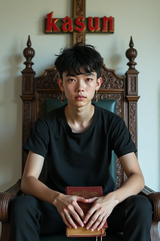 A 17-year-old boy in a black t-shirt is sitting on a king's chair, with a pair of red earrings on his head, and "KASUN" is rendered in 3D on a cross on the white wall behind him. This child has 2 red eyes and a Bible in his hand. The child should be visible from a 4D angle