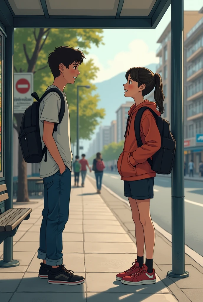 Boy and Girl at Bus Stop**
- Boy and girl are standing at a bus stop, starting a conversation.