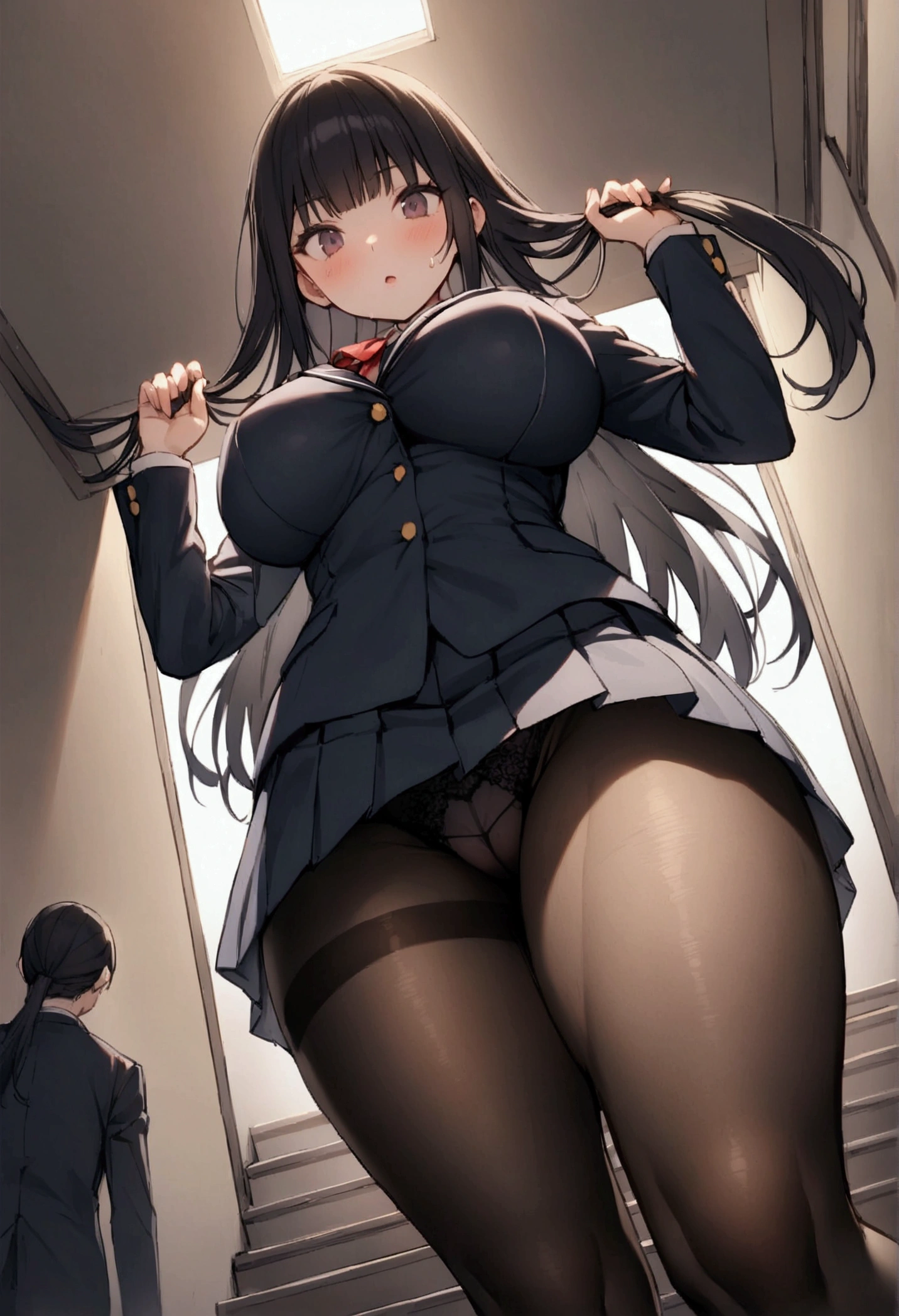 One Woman、beautiful girl, Highest quality, Thick thighs、Big Ass 、Big Breasts、Black Hair、Long Hair、Bangs、Blazer uniform、Angle from directly below、Intimidating attitude、School、Many students behind、The gesture of pulling up the hair、Short pleated skirt、Black Pantyhose、Black panties under pantyhose、walk、Climbing the stairs、Schoolの階段、Angle from directly below、Sweaty pantyhose、Put one foot on the stairs