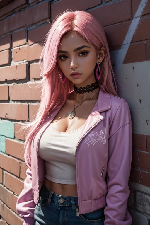 (masterpiece, best quality, 1girl, solo, Mexican girl, latina, intricate details, chromatic aberration), realistic, ((medium breath)),long hair, pink hair, red head ornament, pink highlights, hair over one eye,purple eyes, earrings, sharp eyes, tanned skin, choker, neon shirt cleavage, open jacket, crop turtleneck sweater,open waist,(perfect symmetrical body),against wall, brick wall, graffiti, dim lighting, alley ,look at viewer