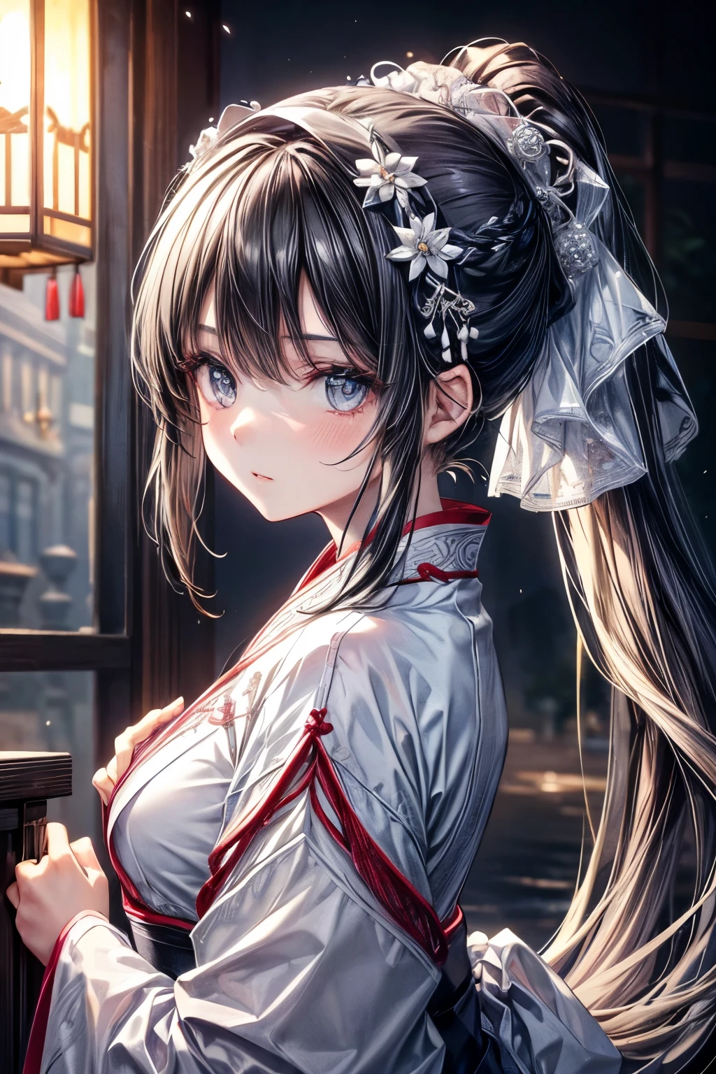 (masterpiece, best quality, perfect face, expressive eyes), 1girl, intricate details, white hanfu, hair accessory, black hair, ponytail, grey eyes,