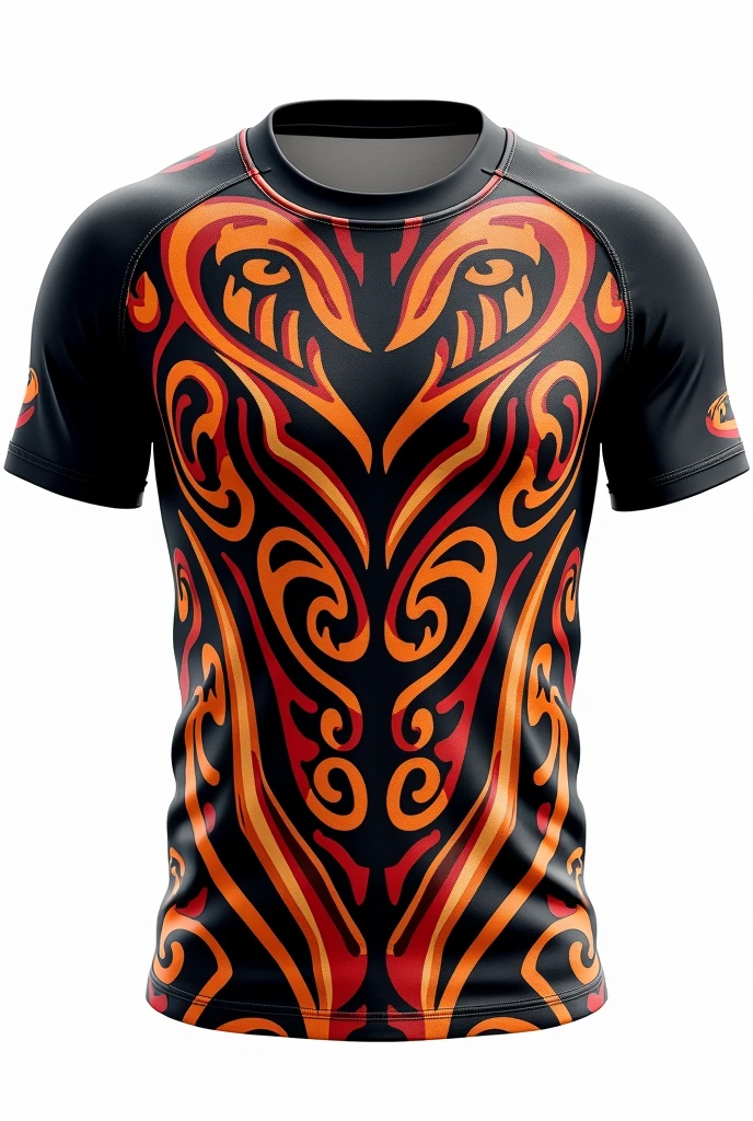 Create for me rugby jerseyMaori tribe pattern design orange black red white   full pattern black collar white background clear