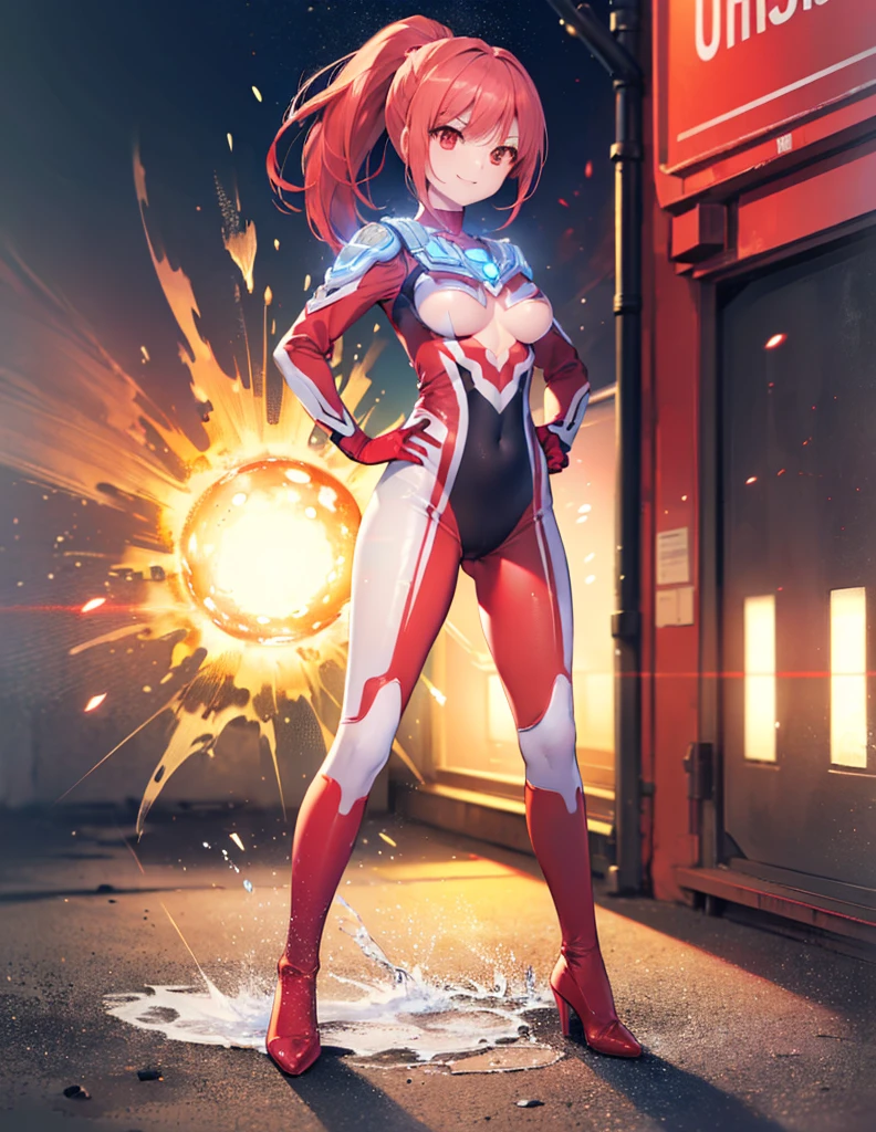 (Close-up:1.3),Realistic,Highest quality, Ultra Detail, High-quality CG rendering, The most delicate and beautiful, Floating softly, High resolution, (1 female), (Highest quality,4K,8k,masterpiece:1.2),(All red hair:1.5), (ponytail:1.5),(Red eyes:1.5), (Ultra Girl:1.0), (All red Ultraman bodysuit:1.5),(Do not expose your skin:1.5),(Slightly larger breasts:1.5),(Red gloves:1.3),(Red Shoes:1.3),(whole body:1.3),(smile:1.3),Small room,(Are standing:1.4),(Place your hands on your hips:1.3),(Clenched Fist:1.3)