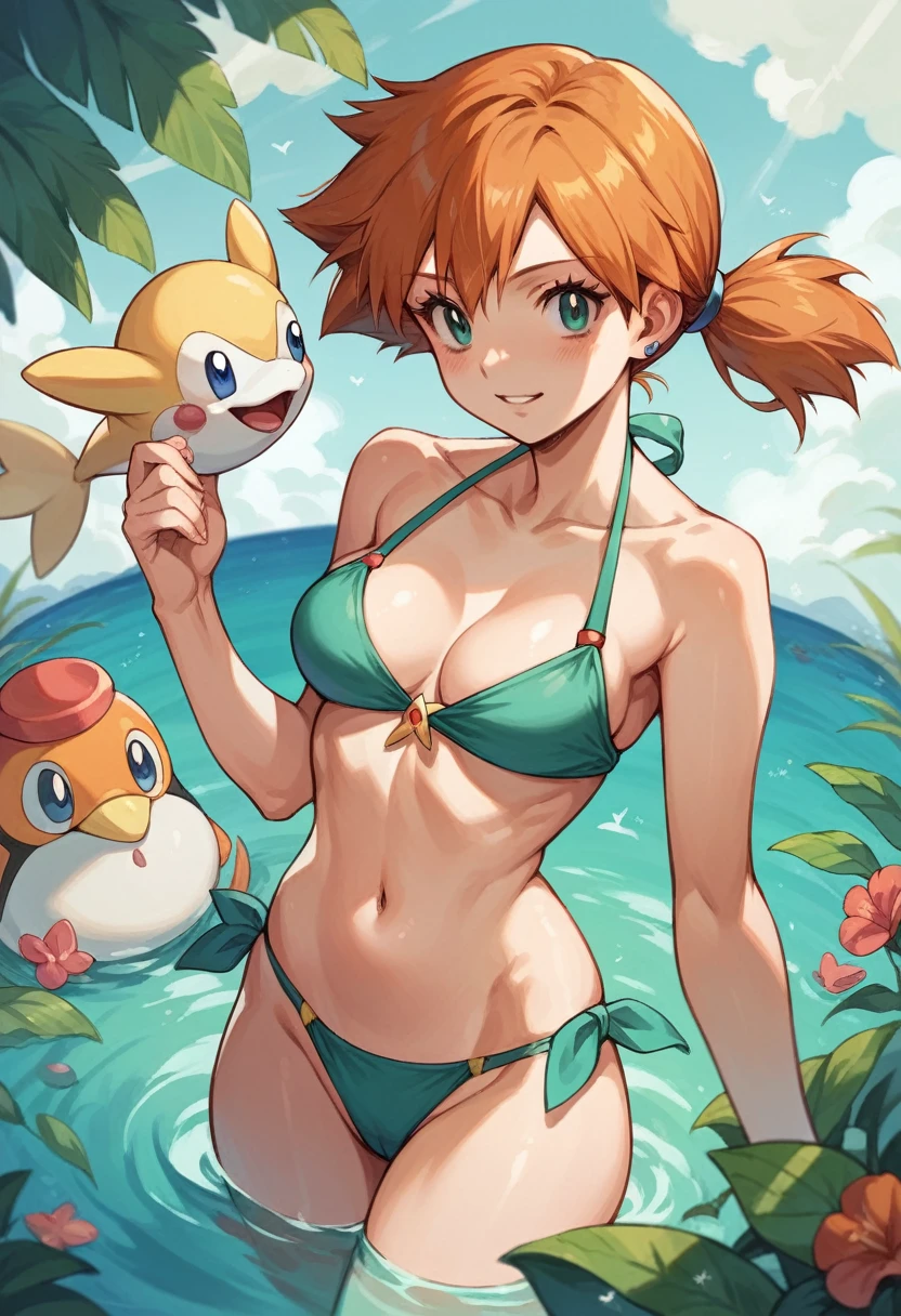 A close-up of a woman in a bikini and panties, amoranto, better known as amoranto, amoranto as a super villain, young beautiful amoranto, nodded, Misty from Pokemon, beautiful dolphin, she has hair