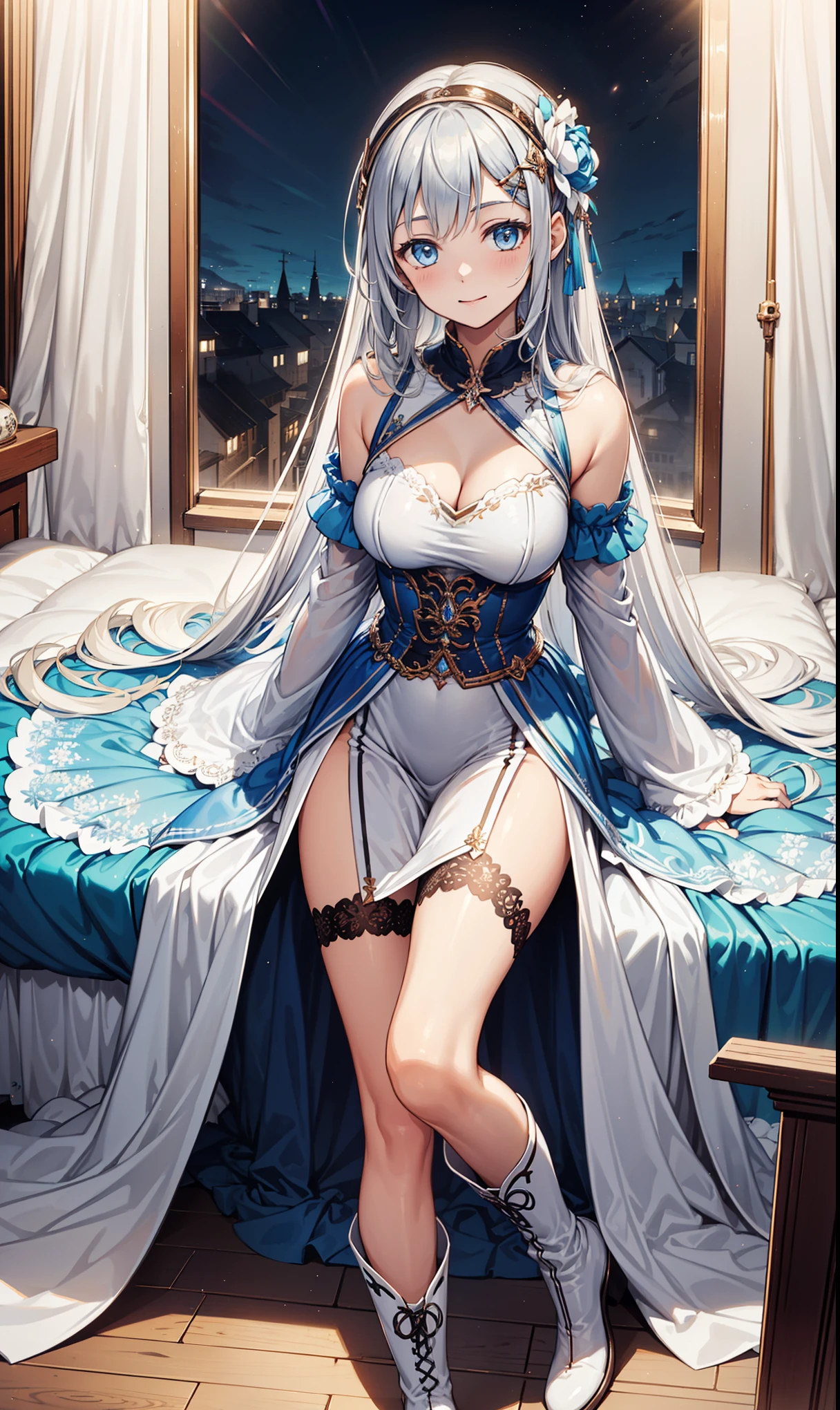 Girl,Obsessed,Having fun,in love,(Western magic white clothes),Silver hair,Blue eyes,Transparent Clothes,Exquisite hair accessories,Transparent lace,Sky blue pattern,night,Beautifully dressed,bedroom,Alone,night,Carved suspender boots,Delicate and beautiful face