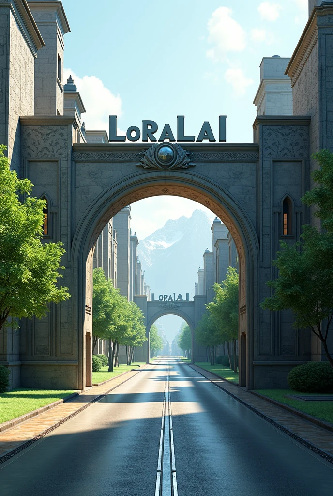 welcome to LORALAI written on top of entrance,with double entrance road ,trees and stone houses on both side of road,futuristic,realistic and 4k results