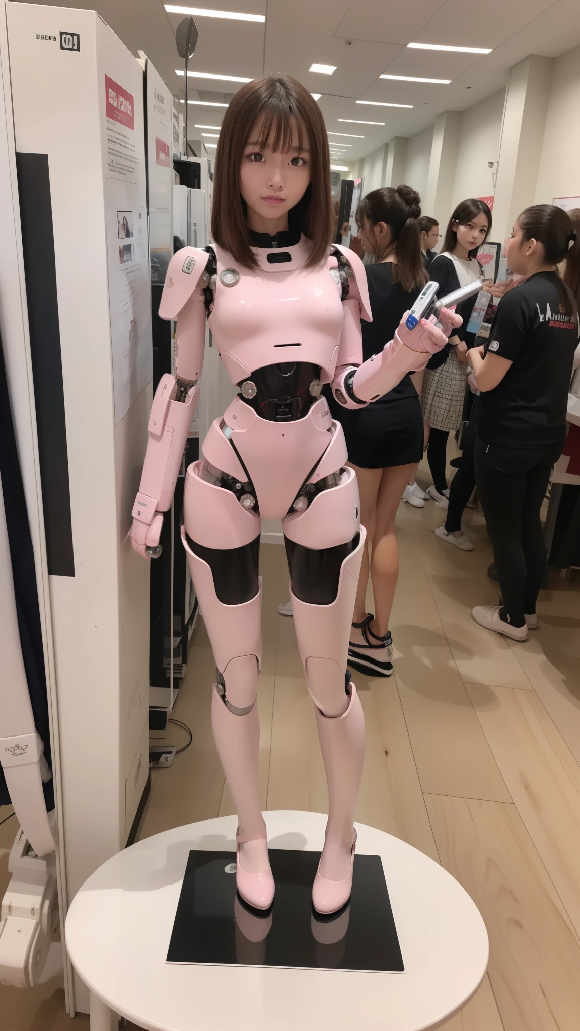 Robot Girl, pink there, Silver, Metallic body, Robot Parts, Metal Parts, Super Detailed Face, Super well-formed face, of the highest quality, a small face, small head, Brown hair, Slender body, Camera gaze, Internal Mechanical Exposure, Idol, front facing, Well-proportioned body, sale, Exhibited, Event Hall, Moe Pose, job interview suit machine armor, Standing with legs open, Model body type, sad, Embarrassing,(Perfect Robot Girl),(Perfect machine body)